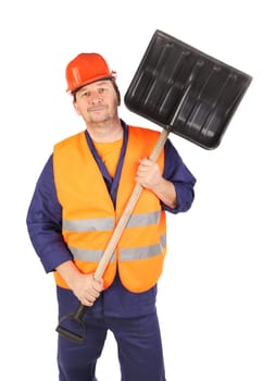 Worker in hard hat holding shovel. Isolated on a white backgropund.