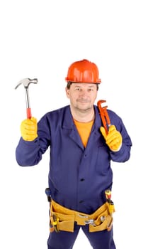 Worker in hard hat holding hammer and pliers. Isolated on a white backgropund.
