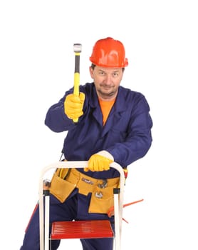 Worker on ladder with hammer. Isolated on a white backgropund.