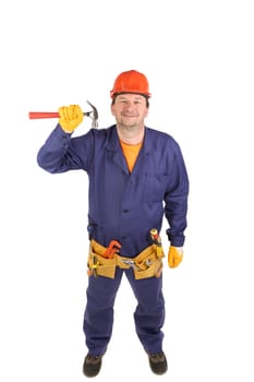 Worker in hard hat holding hammer. Isolated on a white backgropund.