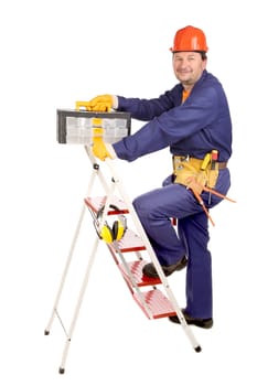 Worker on ladder with toolbox. Isolated on a white backgropund.