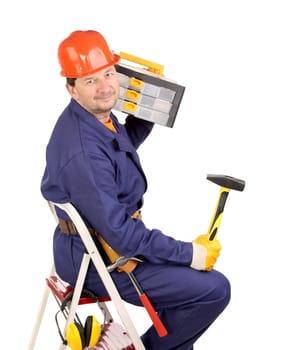 Worker on ladder with hammer and toolbox. Isolated on a white backgropund.