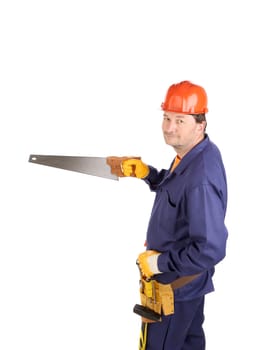 Worker in hard hat holding saw. Isolated on a white backgropund.