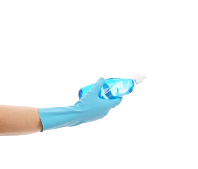 Hand in glove holding blue bottle. Isolated on a white backgropund.