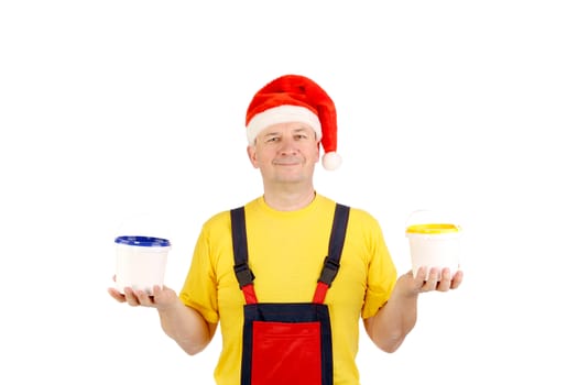 Worker in santa hat with two buckets. Isolated on a white backgropund.