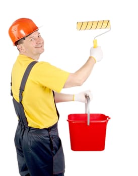 Worker holding roller and bucket. Isolated on a white backgropund.