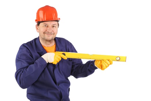 Worker in hard hat holding ruler. Isolated on a white backgropund.
