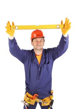 Worker in hard hat raising ruler. Isolated on a white backgropund.