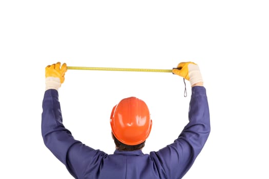Worker in hard hat measure with ruler. Isolated on a white backgropund.