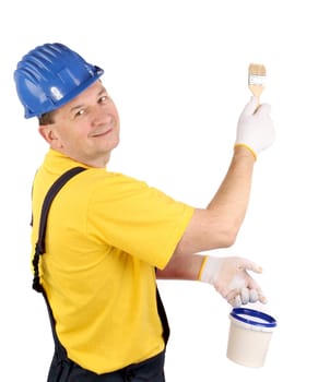 Worker with brush and bucket. Isolated on a white backgropund.