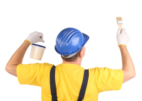 Worker with brush and bucket. Isolated on a white backgropund.