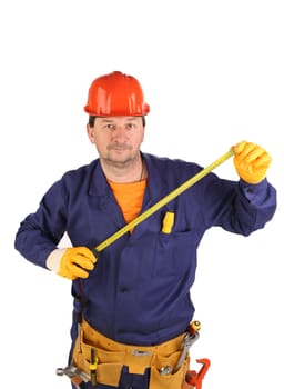 Worker in hard hat holding ruler. Isolated on a white backgropund.