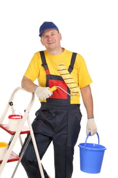 Worker on ladder with roller and bucket. Isolated on a white backgropund.