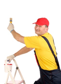 Worker on ladder with brush and bucket. Isolated on a white backgropund.