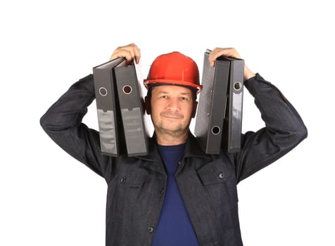 Man in hard hat holding folders. Isolated on a white background.