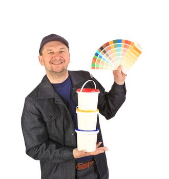 Man with color samples for paint. Isolated on a white background.