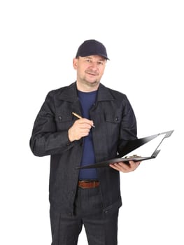 Worker in cap taking notes. Isolated on a white background.