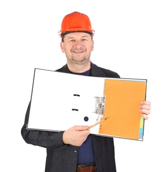 Worker in hard hat with opened folder. Isolated on a white background.