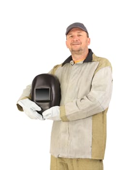 Welder in cap with mask in hands. Isolated on a white background.