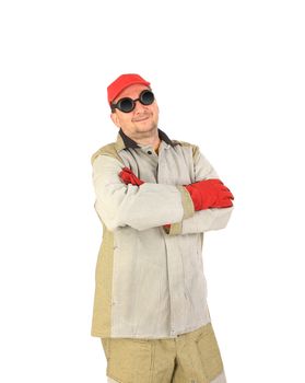Smiling welder in glasses crosses arms. Isolated on a white background.