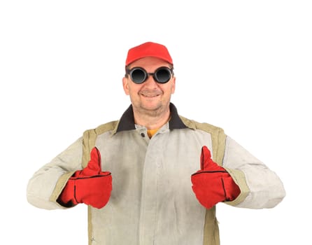 Smilling welder with thumbs up. Isolated on a white background.