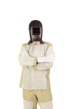 Welder in mask with mittens. Isolated on a white background.