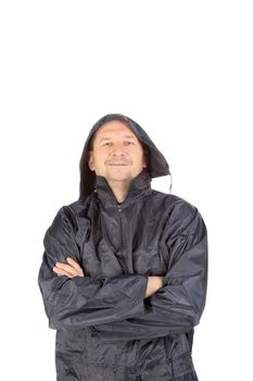 Man in waterproof coat with hood. Isolated on a white background.