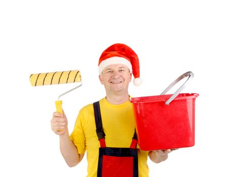Worker in santa's hat with bucket. Isolated on a white background.