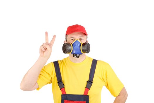 Worker in har with respirator. Isolated on a white background.
