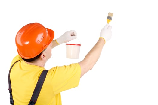 Worker in hardhat with paint brush. Isolated on a white background.