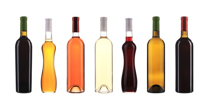Collection of wine bottles in row. Isolated on a white background.