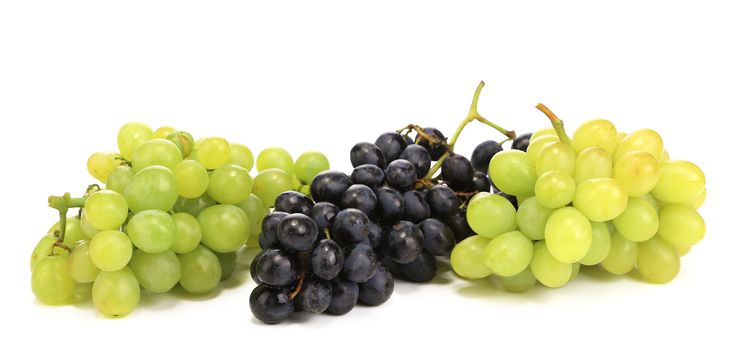 Black and green ripe grapes. Isolated on a white background.