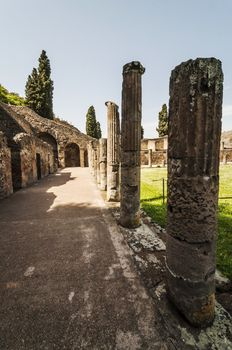 view of the palestra ruins in Pompeii, Italy