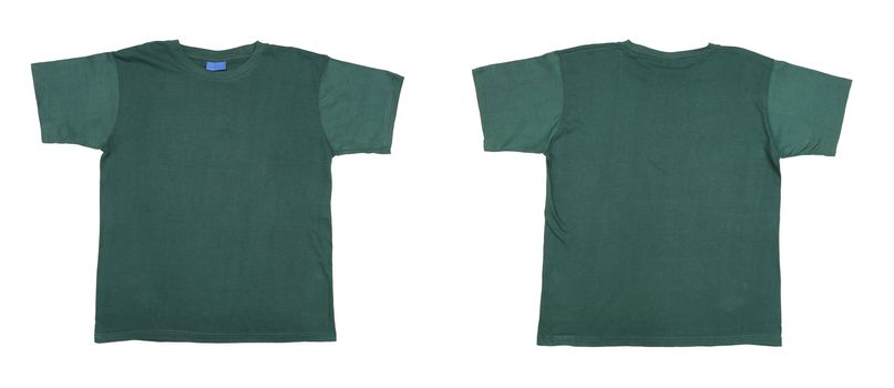 Blue green t-shirt front and back view. Isolated on a white background