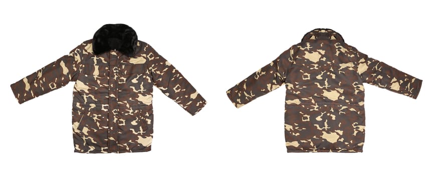 Camouflage winter jacket with black collar. Isolated on white background.