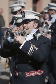 Brass band musicians, Palm Sunday, this band wears the uniform of Captain of Squad of the Royal escort of Alfonso XIII, Linares, Jaen province,  Spain