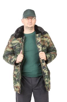 Man in military coat. Isolated on a white background.