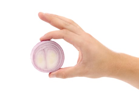 Hand holding onion circle. Isolated on a white background.
