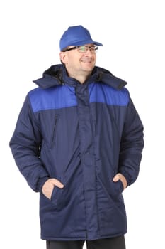 Worker in blue coat and hat. Isolated on a white background.