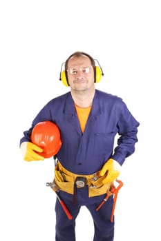 Worker with tool belt and glasses. Isolated on a white background.