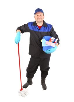 Man in workwear with bucket and mop. Isolated on a white background.