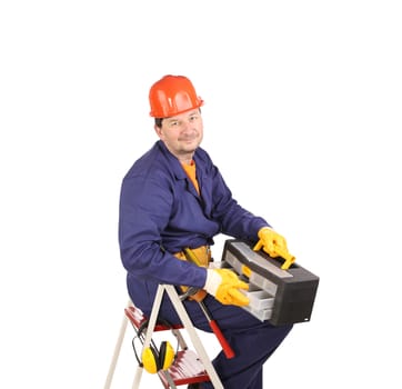 Worker on ladder with hammer and toolbox. Isolated on a white background.