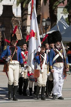 French soldiers marching in the commemoration of the battle of Bailen, Jaen province, Spain, Andalusia, Take on October 9, 2011