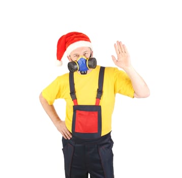 Worker in gas mask and santa hat say hi. Isolated on a white background.