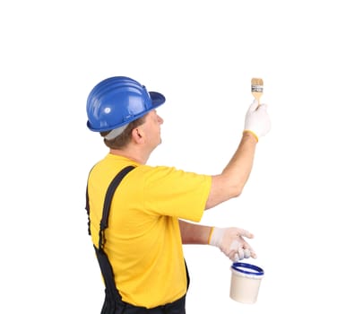 Worker holding bucket and brush. Isolated on a white background.