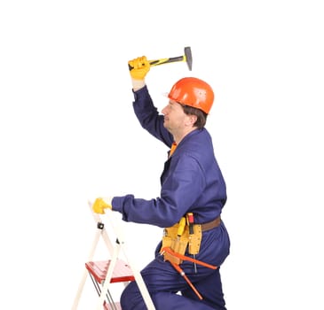 Worker on ladder with hammer. Isolated on a white background.