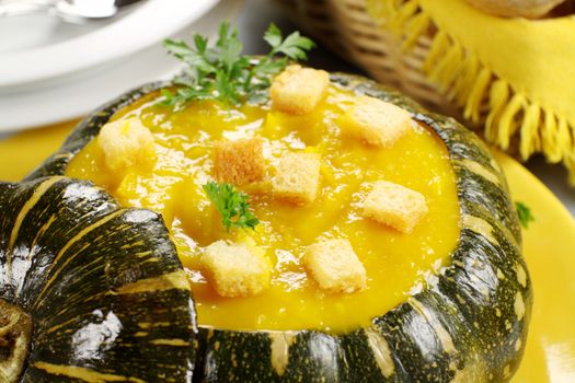 Freshly cooked pumpkin soup with crispy croutons.