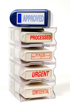 A rack of rubber stamps used for the office.