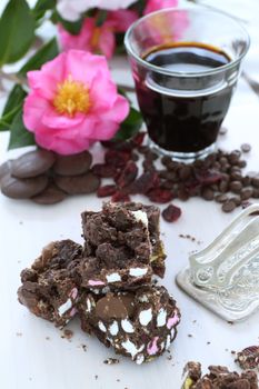 Sweet rocky road chocolate and marshmallow with a long black espresso.