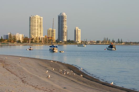 View of Runaway Bay on the Gold Coast in Australia from the Broadwater on a hazy sunrise.